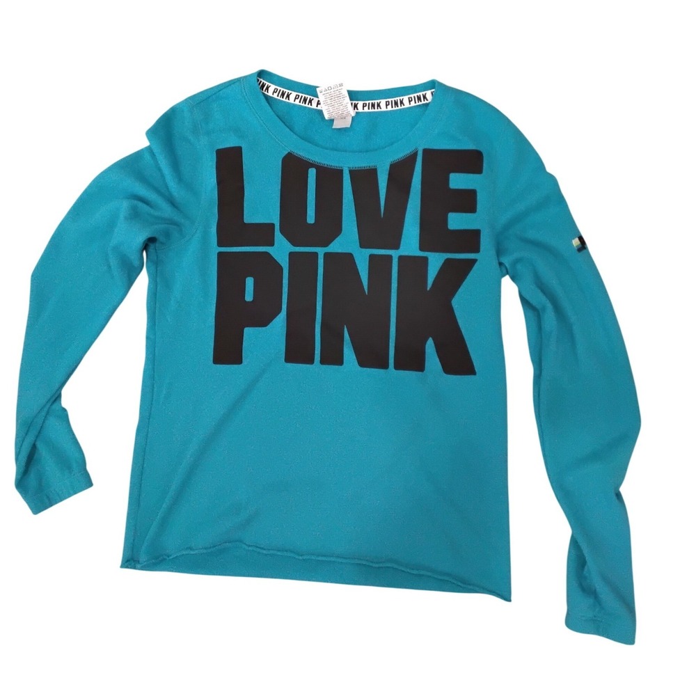 Victorias Secret PINK Long Sleeve Crewneck Logo‎ Top Turquoise Blue XS